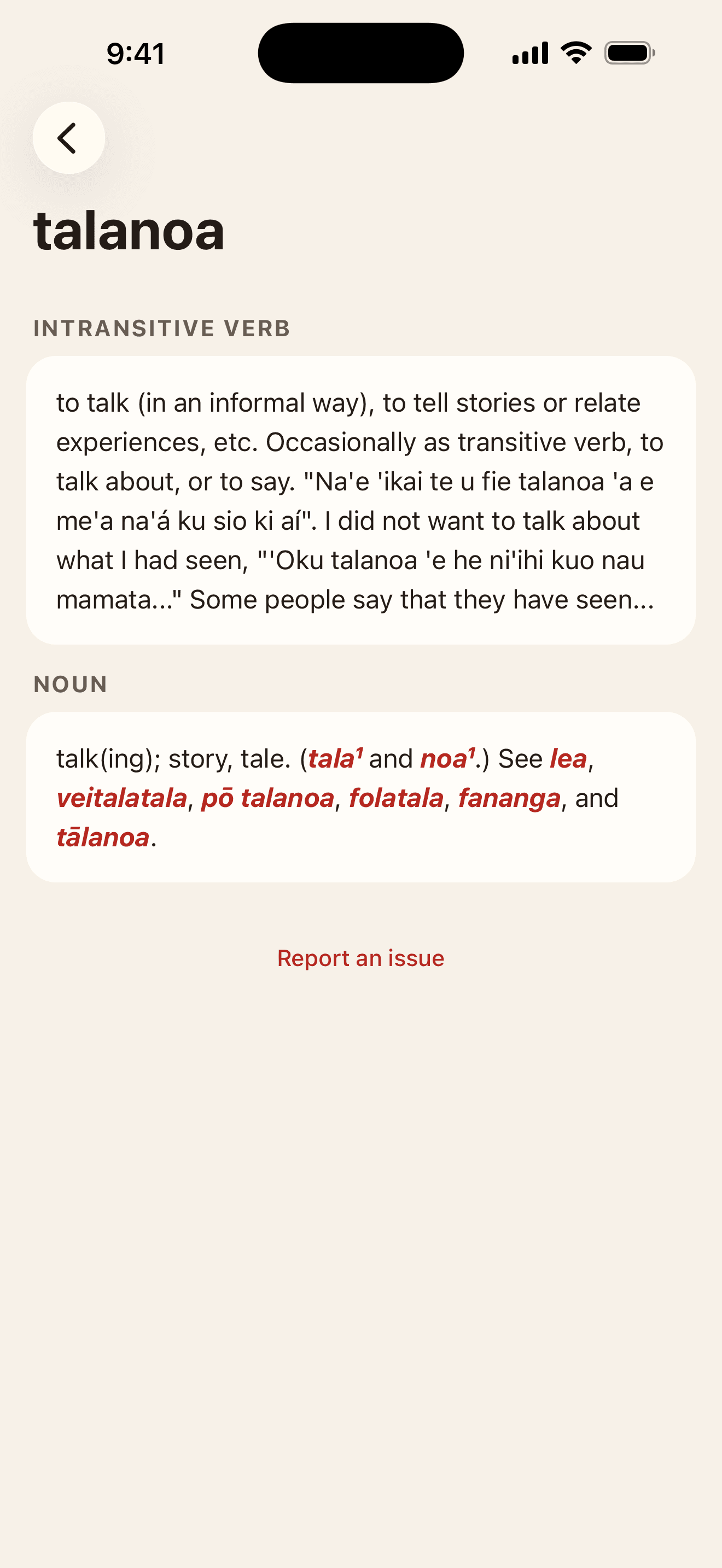 The entry for “talanoa” on iPhone, showing its two senses and tappable cross-references