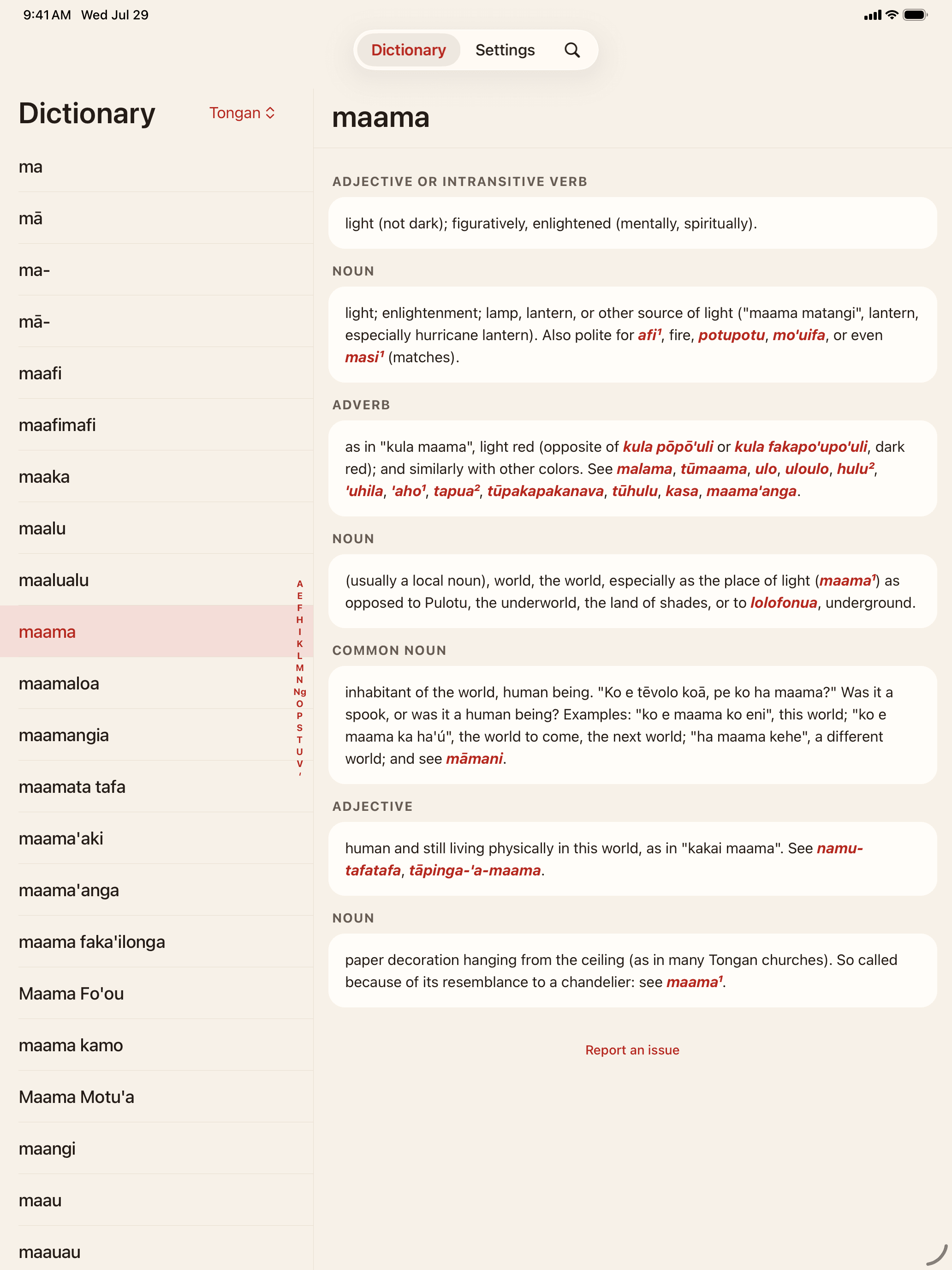The dictionary on iPad, with the word list beside the full definition of “maama” in a split view